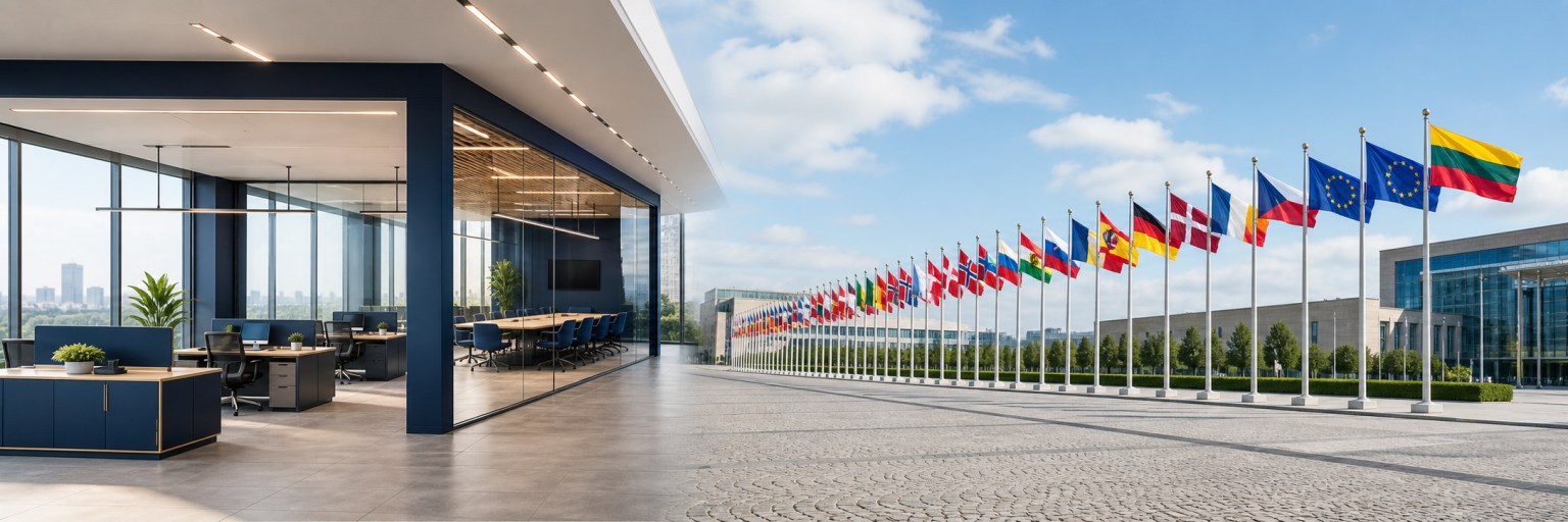 Baltic Staff Solution biuras kairėje ir daugelio Europos šalių vėliavos dešinėje